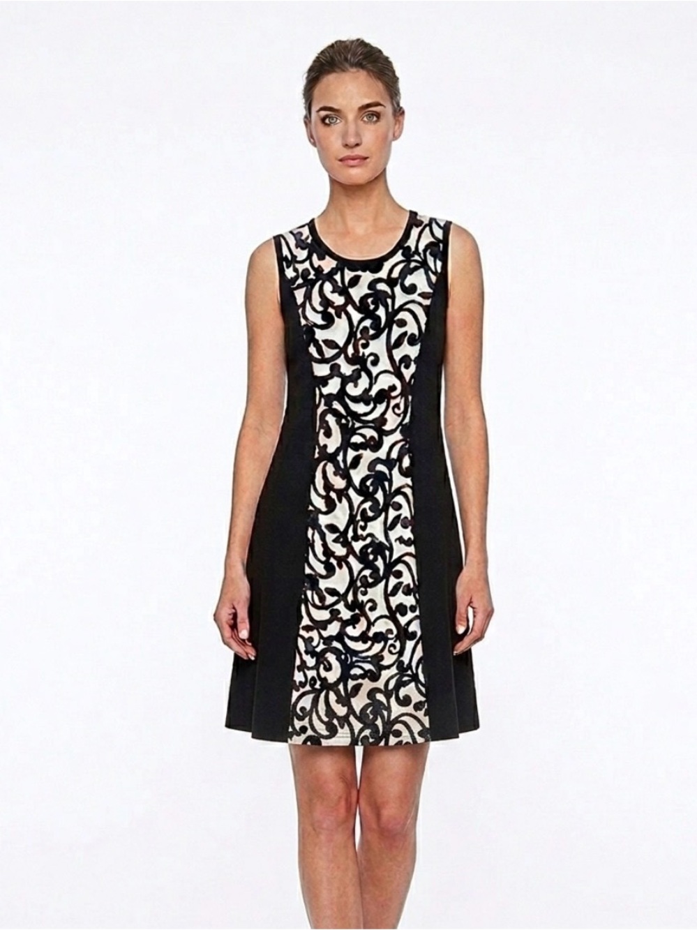 Orange Fashion Village Black White Scrollwork Panel A-Line Sleeveless Dress Med